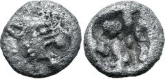 Greek Persia, Achaemenid Empire AR 1/48 Stater. Time of Kyros - Darios I, in the types of Kroisos. Sardes, circa 550-520 BC. Head of roaring lion to right / Irregular incuse punch. GRPC Lydia S13 = Na