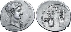 Roman Provincial Augustus AR Drachm of Masicytus, Lycia. 27-20 BC. Bare head to right; Λ-Υ across fields / Two citharas, pellet between, plectrum above and M-A to left and right. RPC I 3309c; SNG von 