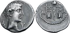 Roman Provincial Augustus AR Drachm of Masicytus, Lycia. 27-20 BC. Bare head to right; Λ-[Υ] across fields / Two citharas, with branch between, owl above and M-[A] to left and right. RPC I 3309c; Trox