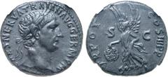 Roman Imperial Trajan Æ As. Rome, AD 100. IMP CAES NERVA TRAIAN AVG GERM P M, laureate head to right / TR POT COS III P P, Victory advancing to left, holding palm and shield inscribed S P Q R in two l