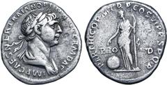 Roman Imperial Trajan AR Denarius. Rome, AD 116-117. IMP CAES NER TRAIAN OPTIM AVG GERM DAC, laureate and draped bust to right / PARTHICO P M TR P COS VI P P S P Q R, Providentia standing to left, poi