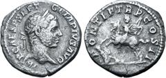 Roman Imperial Geta AR Denarius. Rome, AD 209. IMP CAES P SEPT GETA PIVS AVG, laureate head to right / PONTIF TR P COS II, Geta on horse rearing to left, preparing to hurl spear at foe on ground to lo