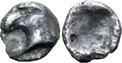 Greek Aeolis, Kyme AR Trihemiobol. Circa 450-400 BC. Head of eagle to left; [KY](?) below / Quadripartite incuse square. Klein -, cf. 333 (hemiobol); SNG von Aulock -; SNG Copenhagen -, cf. 32 (hemiob