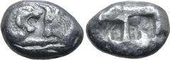 Greek Kingdom of Lydia, Kroisos AR Stater - Double Siglos. Sardes, circa 561-546 BC. Confronted foreparts of lion to right and bull to left / Two incuse squares of unequal size. GRPC Lydia S1; Berk 20