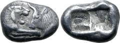 Greek Kingdom of Lydia, Kroisos AR Siglos. Sardes, circa 561-564 BC. Confronted foreparts of lion to right and bull to left / Two incuse square punches of unequal size. GRPC Lydia S3; Rosen 663-5; SNG
