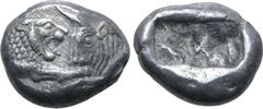 Greek Kingdom of Lydia, Kroisos AR 1/3 Stater. Sardes, circa 561-546 BC. Confronted foreparts of lion to right and bull to left / Two irregular incuse squares. GRPC Lydia S5; SNG Keckman 359; Boston M