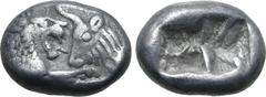 Greek Kingdom of Lydia, Kroisos AR 1/6 Stater. Sardes, circa 561-546 BC. Confronted foreparts of lion to right and bull to left / Two incuse square punches of unequal size. GRPC Lydia S6; Rosen 667; S
