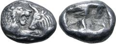 Greek Kingdom of Lydia, Kroisos AR 1/6 Stater. Sardes, circa 561-546 BC. Confronted foreparts of lion to right and bull to left / Two incuse square punches of unequal size. GRPC Lydia S6; Rosen 667; S