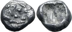 Greek Kingdom of Lydia, Kroisos AR 1/24 Stater. Sardes, circa 561-546 BC. Confronted foreparts of lion to right and bull to left / Incuse punch. GRPC Lydia S10; SNG Tübingen 3652-3. 0.38g, 6mm. Good V