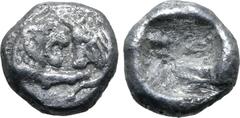 Greek Kingdom of Lydia, Kroisos AR 1/24 Stater. Sardes, circa 561-546 BC. Confronted foreparts of lion to right and bull to left / Incuse punch. GRPC Lydia S10; SNG Tübingen 3652-3. 0.40g, 6mm. Very F