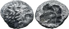 Greek Persia, Achaemenid Empire AR 1/48 Stater. Time of Kyros - Darios I, in the types of Kroisos. Sardes, circa 550-520 BC. Head of roaring lion to right / Irregular incuse punch. GRPC Lydia S13 = Na