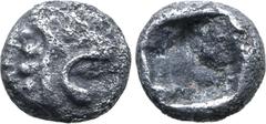 Greek Persia, Achaemenid Empire AR 1/48 Stater. Time of Kyros - Darios I, in the types of Kroisos. Sardes, circa 550-520 BC. Head of roaring lion to right / Irregular incuse punch. GRPC Lydia S13 = Na