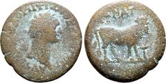 Roman Provincial Domitian Æ Diobol of Alexandria, Egypt. Dated RY 9 = AD 89/90. [ΑΥΤ ΚΑΙΣΑ]Ρ ΔΟΜΙΤΙΑΝΟΣ ΣΕΒ ΓΕΡΜ, laureate head to right / Apis bull standing to right, altar before; L ENAT (date) abov