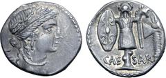Roman Imperatorial Julius Caesar AR Denarius. Military mint travelling with Caesar, 48-47 BC. Diademed female head to right, wearing oak-wreath; LII (Caesar's age) behind / Trophy of Gallic arms, wear