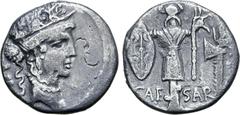 Roman Imperatorial Julius Caesar AR Denarius. Military mint travelling with Caesar, 48-47 BC. Diademed female head to right, wearing oak-wreath; LII (Caesar's age) behind / Trophy of Gallic arms, wear