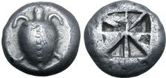 Greek Islands off Attica, Aegina AR Stater. Circa 525-475 BC. Sea turtle, head in profile, with 'T' design in pellets on shell / Incuse square with 'proto-skew' design. Meadows, Aegina, Group IIb; HGC