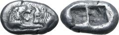 Greek Kingdom of Lydia, Kroisos AR 1/3 Stater. Sardes, circa 561-546 BC. Confronted foreparts of lion to right and bull to left / Two irregular incuse squares. GRPC Lydia S5; SNG Keckman 359; Boston M