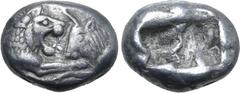 Greek Kingdom of Lydia, Kroisos AR 1/3 Stater. Sardes, circa 561-546 BC. Confronted foreparts of lion to right and bull to left / Two irregular incuse squares. GRPC Lydia S5; SNG Keckman 359; Boston M