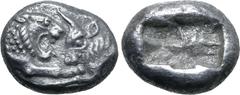 Greek Kingdom of Lydia, Kroisos AR 1/6 Stater. Sardes, circa 561-546 BC. Confronted foreparts of lion to right and bull to left / Two incuse square punches of unequal size. GRPC Lydia S6; Rosen 667; S