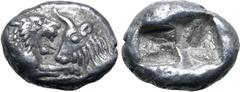 Greek Kingdom of Lydia, Kroisos AR 1/6 Stater. Sardes, circa 561-546 BC. Confronted foreparts of lion to right and bull to left / Two incuse square punches of unequal size. GRPC Lydia S6; Rosen 667; S