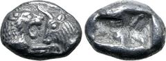 Greek Kingdom of Lydia, Kroisos AR 1/6 Stater. Sardes, circa 561-546 BC. Confronted foreparts of lion to right and bull to left / Two incuse square punches of unequal size. GRPC Lydia S6; Rosen 667; S