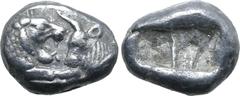 Greek Kingdom of Lydia, Kroisos AR 1/6 Stater. Sardes, circa 561-546 BC. Confronted foreparts of lion to right and bull to left / Two incuse square punches of unequal size. GRPC Lydia S6; Rosen 667; S