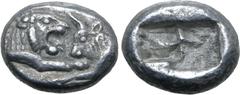 Greek Kingdom of Lydia, Kroisos AR 1/6 Stater. Sardes, circa 561-546 BC. Confronted foreparts of lion to right and bull to left / Two incuse square punches of unequal size. GRPC Lydia S6; Rosen 667; S