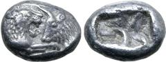 Greek Kingdom of Lydia, Kroisos AR 1/6 Stater. Sardes, circa 561-546 BC. Confronted foreparts of lion to right and bull to left / Two incuse square punches of unequal size. GRPC Lydia S6; Rosen 667; S