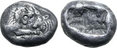 Greek Kingdom of Lydia, Kroisos AR 1/6 Stater. Sardes, circa 561-546 BC. Confronted foreparts of lion to right and bull to left / Two incuse square punches of unequal size. GRPC Lydia S6; Rosen 667; S