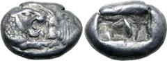 Greek Kingdom of Lydia, Kroisos AR 1/6 Stater. Sardes, circa 561-546 BC. Confronted foreparts of lion to right and bull to left / Two incuse square punches of unequal size. GRPC Lydia S6; Rosen 667; S