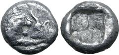 Greek Kingdom of Lydia, Kroisos AR 1/12 Stater. Sardes, circa 561-546 BC. Confronted foreparts of lion to right and bull to left / Incuse square. GRPC Lydia S8; SNG Kayhan 1020-21; SNG von Aulock 2880