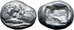 Greek Kingdom of Lydia, Kroisos AR 1/12 Stater. Sardes, circa 561-546 BC. Confronted foreparts of lion to right and bull to left / Incuse square. GRPC Lydia S8; SNG Kayhan 1020-21; SNG von Aulock 2880