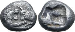 Greek Kingdom of Lydia, Kroisos AR 1/12 Stater. Sardes, circa 561-546 BC. Confronted foreparts of lion to right and bull to left / Incuse square. GRPC Lydia S8; SNG Kayhan 1020-21; SNG von Aulock 2880