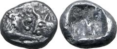 Greek Kingdom of Lydia, Kroisos AR 1/24 Stater. Sardes, circa 561-546 BC. Confronted foreparts of lion to right and bull to left / Incuse punch. GRPC Lydia S10; SNG Tübingen 3652-3. 0.38g, 6mm. Good V
