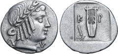 Greek Lykian League, Kragos AR Hemidrachm. Circa 35-30 BC. Laureate head of Apollo to right, wearing taenia; Λ behind, Y before / Kithara; K-P across fields, crudely rendered ear of corn in lower left