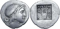 Greek Lykian League, Masikytes AR Hemidrachm. Circa 35-30 BC. Head of Apollo to right, wearing taenia / Kithara; ΛYKIΩN above, M-A across upper fields, Σ-I across lower fields; all within shallow incu