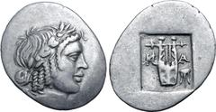 Greek Lykian League, Masikytes AR Hemidrachm. Circa 28-18 BC. Laureate head of Apollo to right; [Λ behind, Y before] / Kithara; M-A across fields, tripod in lower right field; all within shallow incus