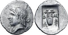 Greek Lykian League, Masikytes AR Hemidrachm. After 18 BC. Laureate head of Apollo to left; Y before, Λ behind / Kithara, A-M across fields, trident head(?) to left, branch to right; all within shallo