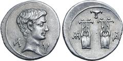 Roman Provincial Augustus AR Drachm of Masicytus, Lycia. 27-20 BC. Bare head to right; Λ-Υ across fields / Two citharas, pellet between, plectrum above and M-A across outer fields. RPC I 3309c; SNG vo
