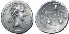 Roman Provincial Augustus AR Drachm of Masicytus, Lycia. 27-20 BC. Bare head to right; Λ-Υ across fields / Two citharas, with branch between, owl above and M-A to left and right. RPC I 3309c; Troxell,