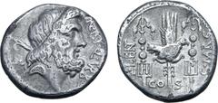 Roman Republic Cn. Nerius, L. Lentulus and Claudius Marcellus AR Denarius. Rome, 49 BC. Head of Saturn to right, harpa over shoulder; NERI•Q•VRB (ligate) downwards before / Aquila between two signa in
