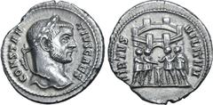 Roman Imperial Constantius I, as Caesar, AR Argenteus. Rome, circa AD 294. CONSTANTIVS CAES, laureate head to right / VIRTVS MILITVM, the four princes sacrificing over tripod before gate in six-turret