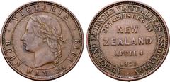Medieval and World New Zealand, British Colonial. Auckland Licensed Victuallers Association CU Penny Token. Birmingham(?), 1871. • VICTORIA • BORN MAY 24 1819, laureate head to left within pelleted ci