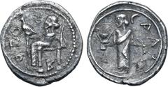 Greek Sicily, Galaria AR Litra. Circa 460 BC. Zeus seated to left, holding eagle on sceptre; ΣOTER before / Dionysos standing to left, holding kantharos and grapes; CAΛA around. Campana, Galaria 1b/3 