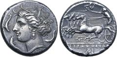 Greek Sicily, Syracuse AR Tetradrachm. Time of Agathokles, circa 310-305 BC. Wreathed head of Arethusa to left, wearing triple-pendent earring and necklace; three dolphins around, NI below neck / Char
