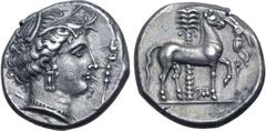 Greek Sicily, Siculo-Punic AR Tetradrachm. 'People of the Camp' mint (Entella?), circa 350-315 BC. Head of Tanit-Persephone to right, wearing wreath of grain ears, triple-pendant earring, and pearl ne