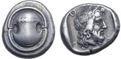 Greek Boiotia, Thebes AR Stater. Circa 425-395 BC. Boiotian shield, club across upper half / Bearded head of Dionysos to right, wearing wreath of ivy; Θ-E diagonally across fields. BCD Boiotia 435 (sa