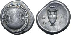 Greek Boiotia, Thebes AR Stater. Circa 379-368 BC. Asop-, magistrate. Boeotian shield / Amphora; club above, A-Σ-Ω-Π across fields. Hepworth 17; BCD Boiotia 581 (this coin); SNG Copenhagen 322; cf. HG