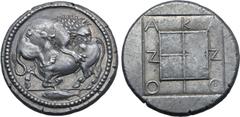 Greek Macedon, Akanthos AR Tetradrachm. Circa 470-430 BC. Bull collapsing to left, attacked and mauled by lion upon his back to right; tunny fish to left in exergue / ΑΚΑΝΘΙΟΝ around raised quadripart