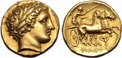 Greek Kingdom of Macedon, temp. Philip II - Alexander III AV Stater. In the name and types of Philip II. Pella, circa 345-340 or 336-328 BC. Laureate head of Apollo to right / Charioteer, holding kent